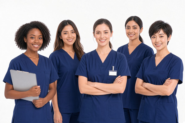 A studio shot of a diverse group of five smiling female healthcare professionals standing together against a plain white background, all wearing matching dark navy blue medical scrubs.
